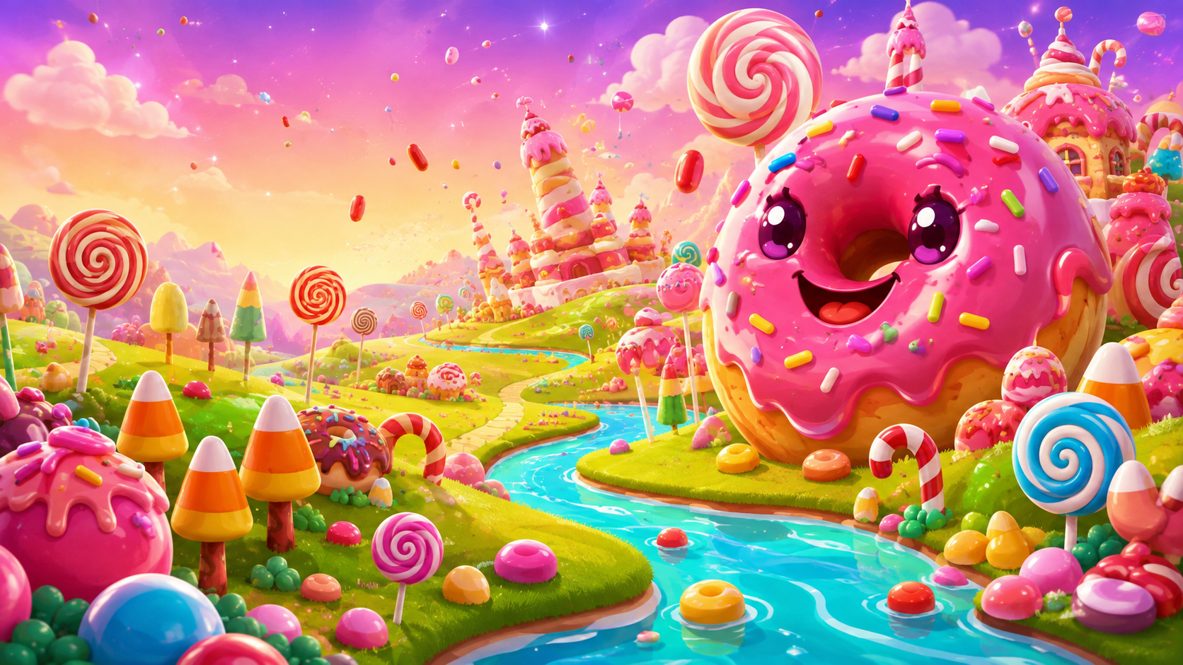 Sugar Candy-Welt mit Lollis, Donut und leuchtendem Fluss